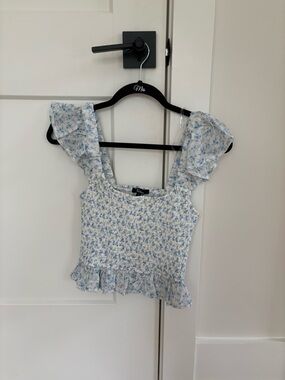Blue Floral Smocked Ruffle Crop Top